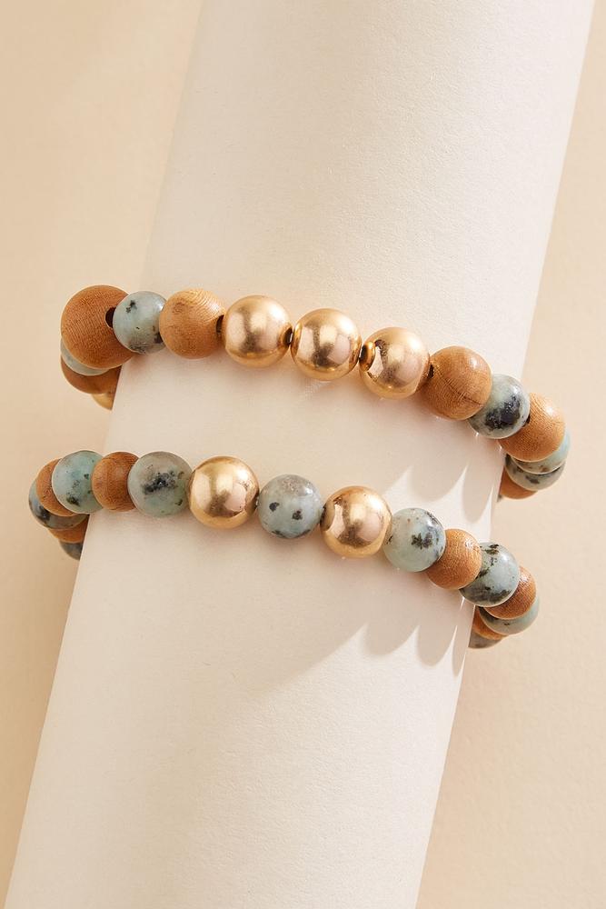 semi- precious wood beaded bracelet set Versona Jewelry