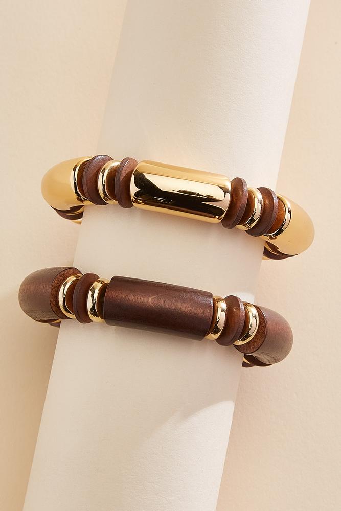 wood gold tube bead stretch bracelet set Versona Jewelry
