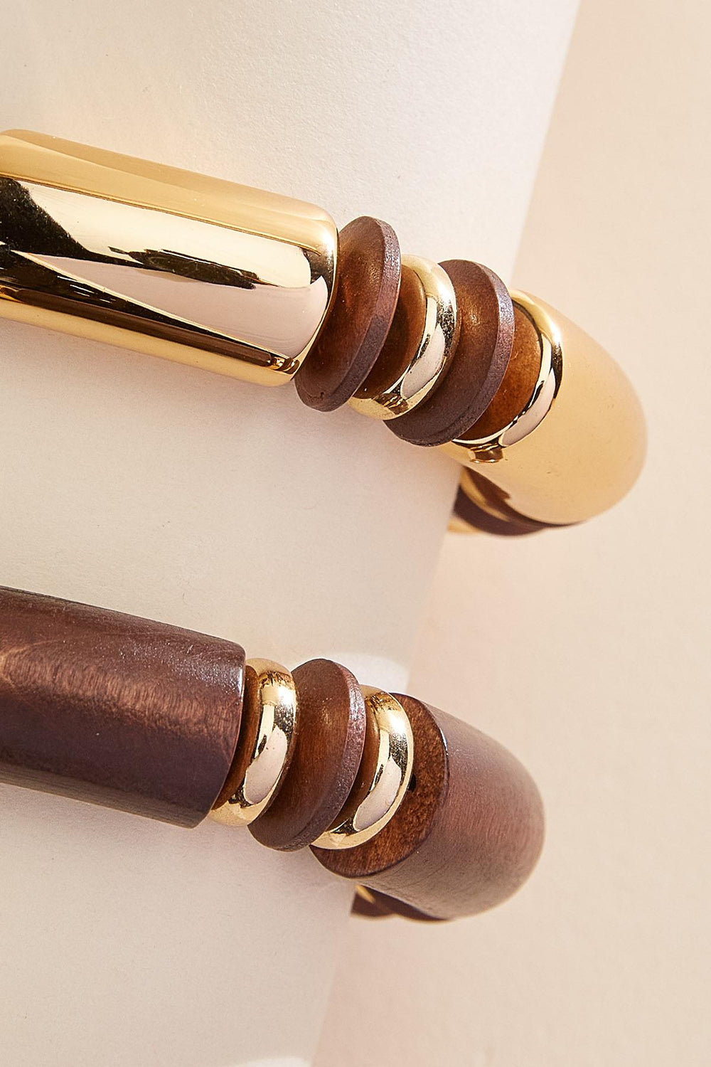 wood gold tube bead stretch bracelet set Versona Jewelry
