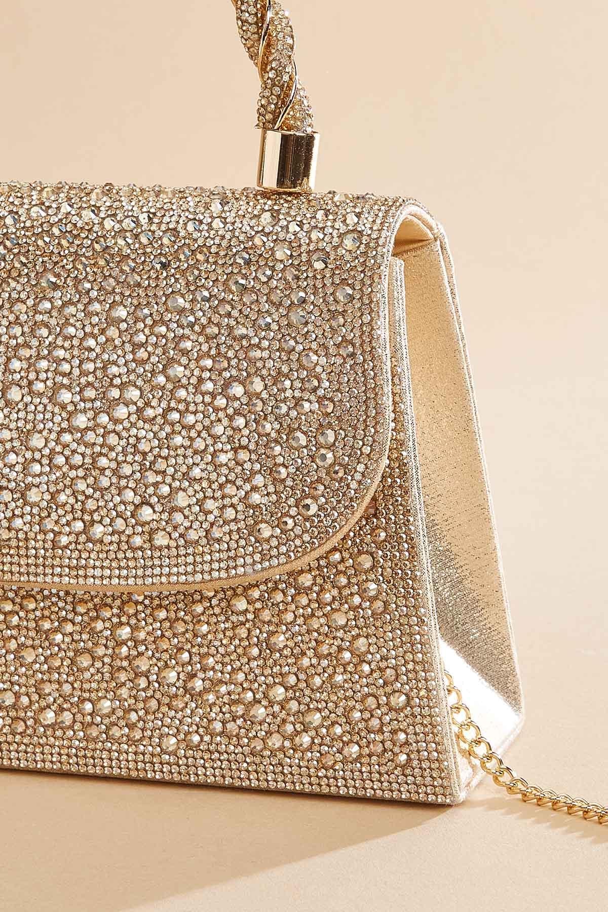 champagne beaded twist handle satchel Versona Accessories