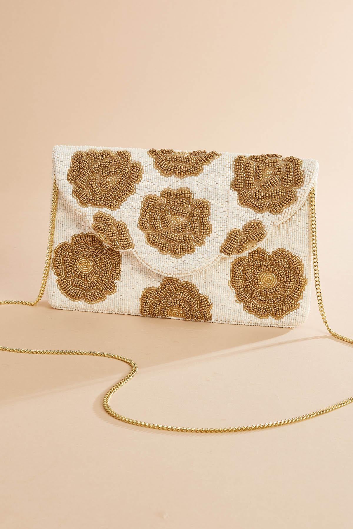 gold beaded rosette clutch Versona Accessories