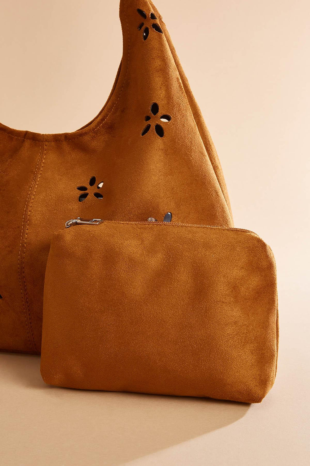 faux suede floral perforated hobo bag set Versona Accessories