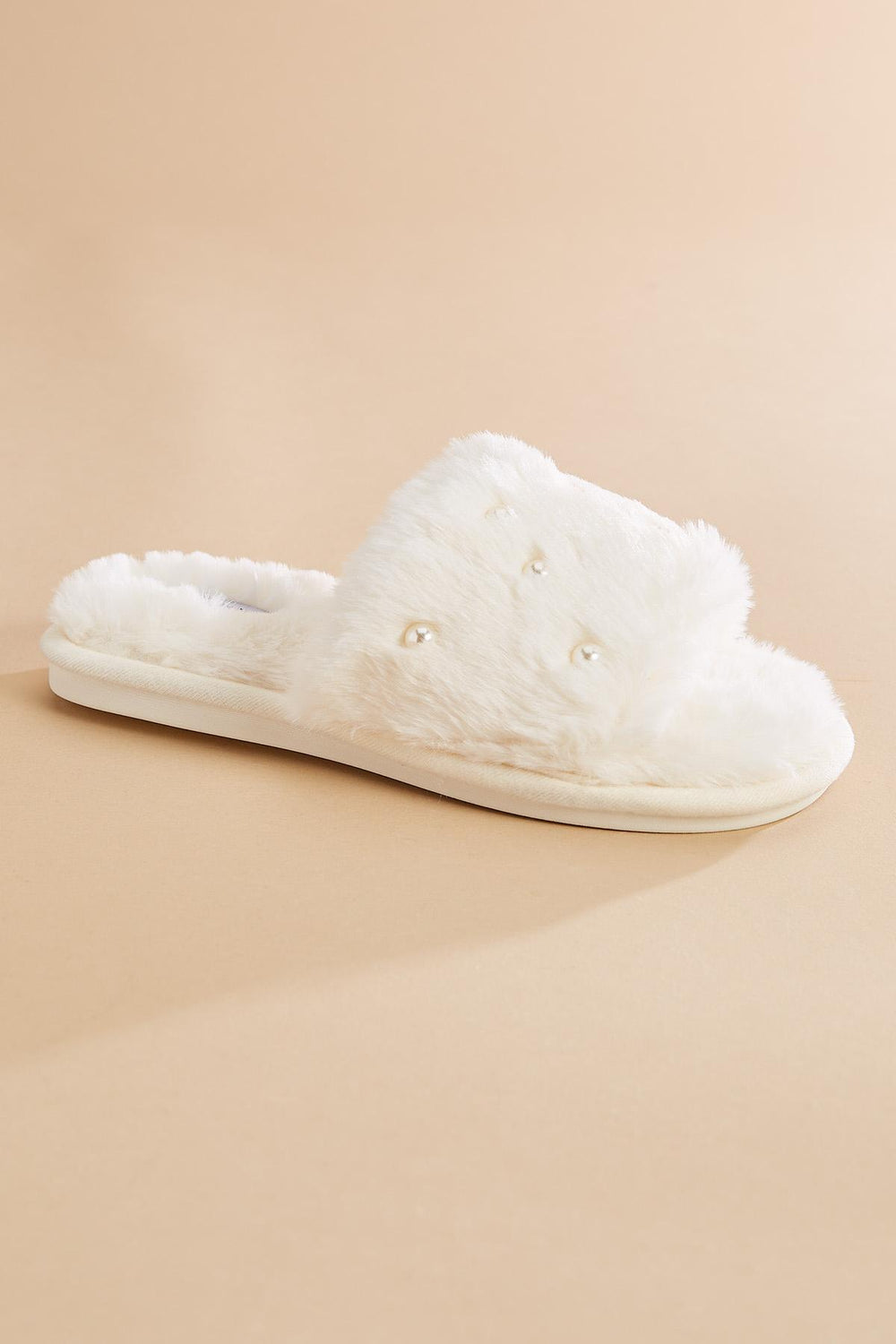 pearl embellished faux fur slippers Versona Accessories