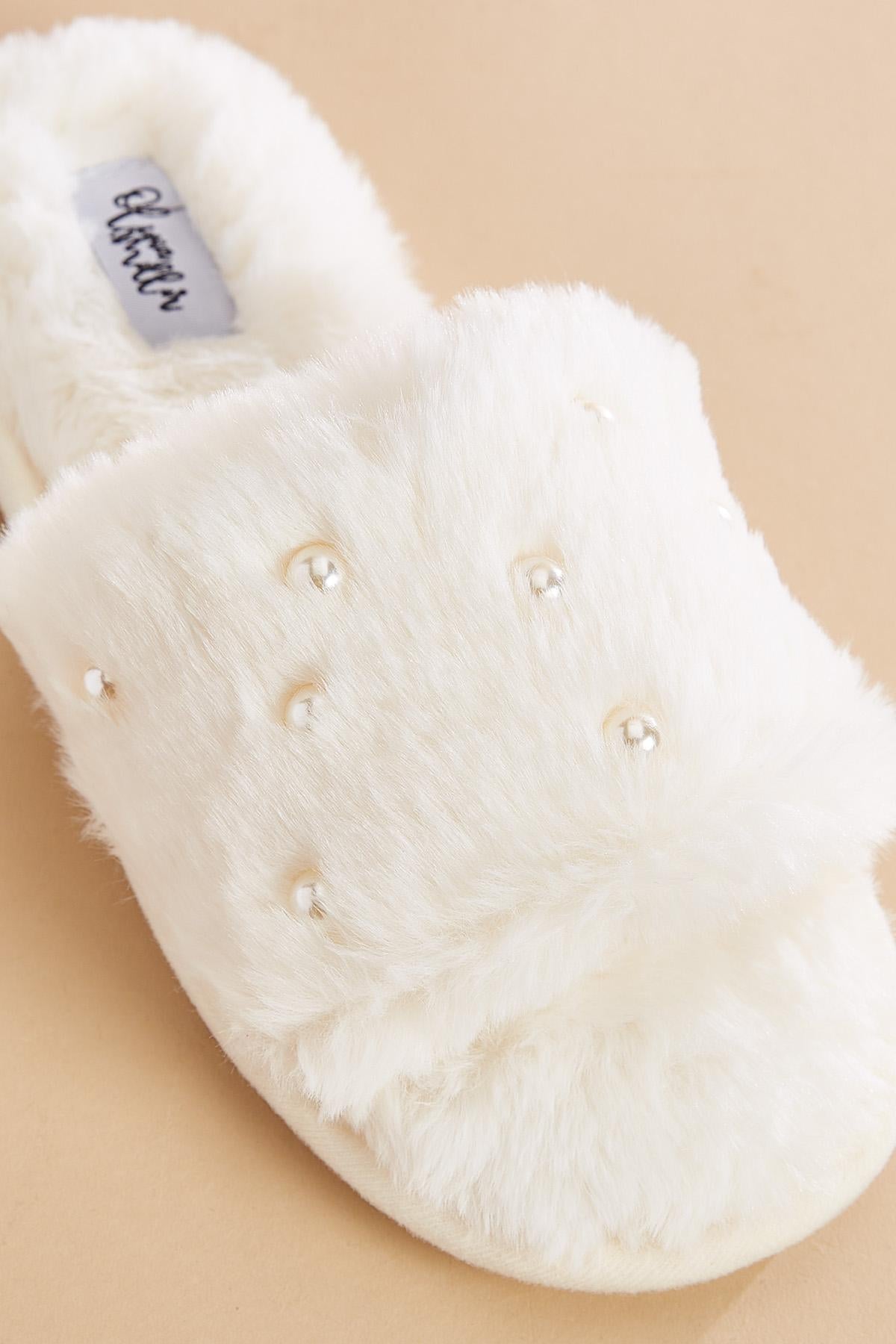 pearl embellished faux fur slippers Versona Accessories