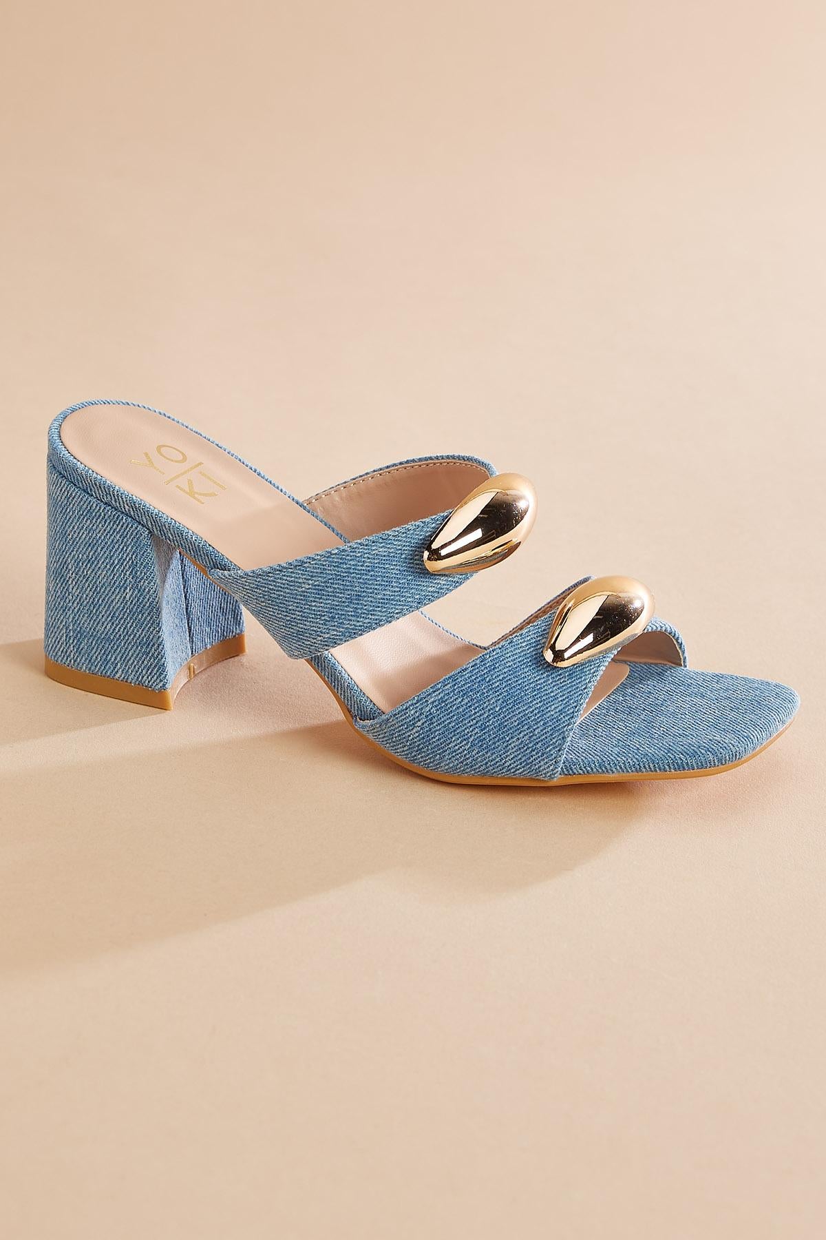 gold embellished denim band heels Versona Shoes
