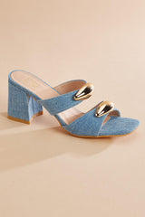 gold embellished denim band heels Versona Shoes