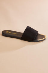 gold trim black faux suede sandals Versona Shoes