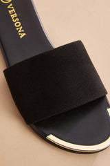 gold trim black faux suede sandals Versona Shoes