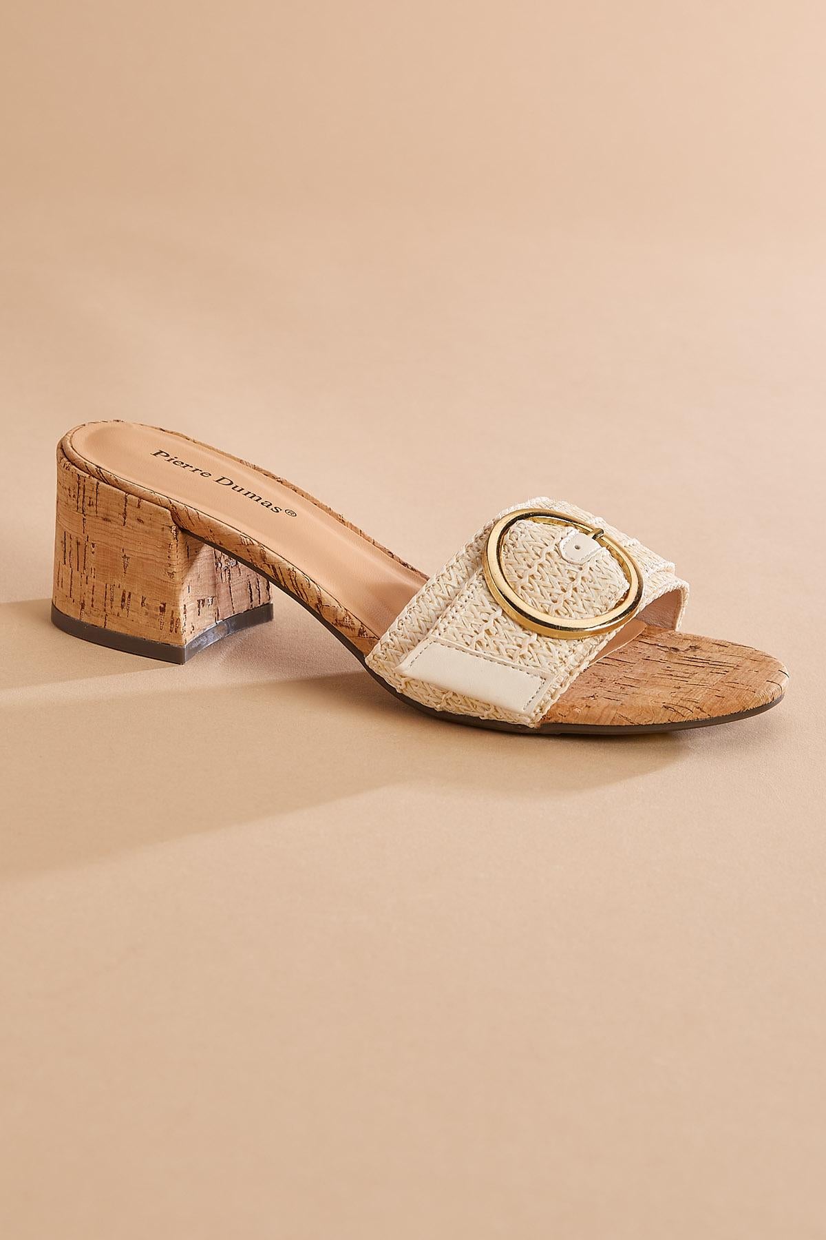 raffia round gold buckle cork heels Versona Shoes