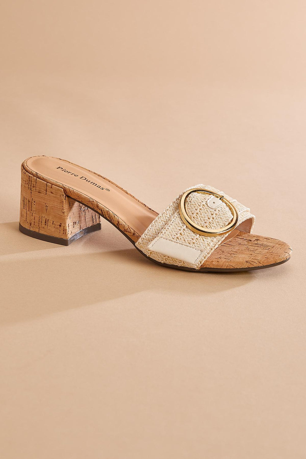 raffia round gold buckle cork heels Versona Shoes