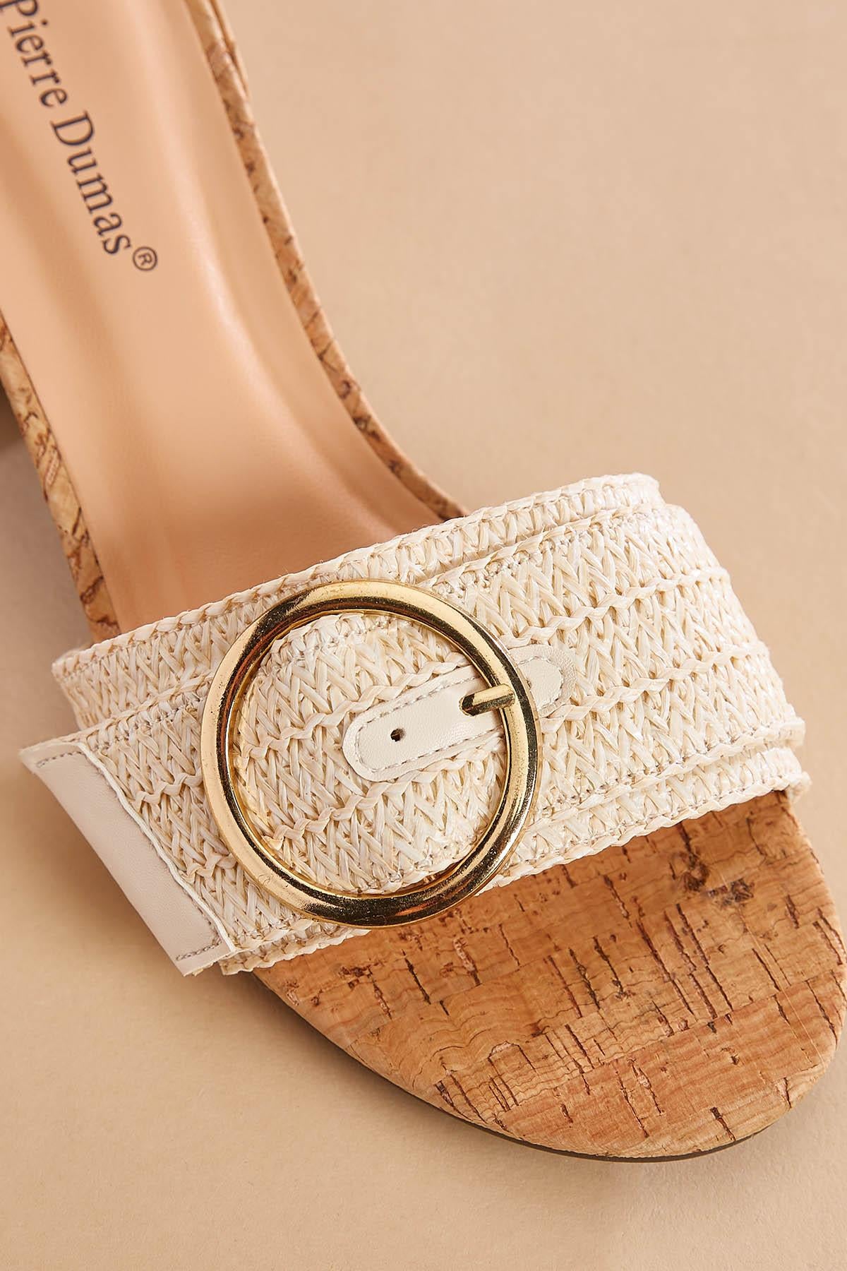 raffia round gold buckle cork heels Versona Shoes