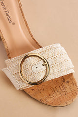 raffia round gold buckle cork heels Versona Shoes