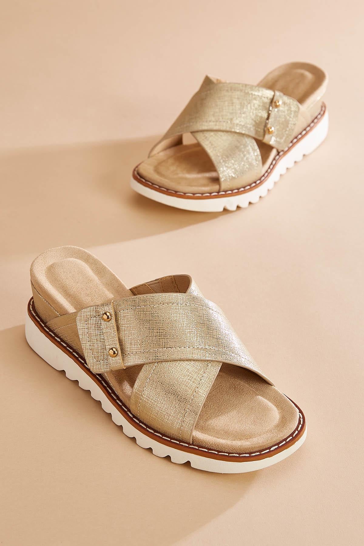 gold crisscross band wedge sandals Versona Shoes
