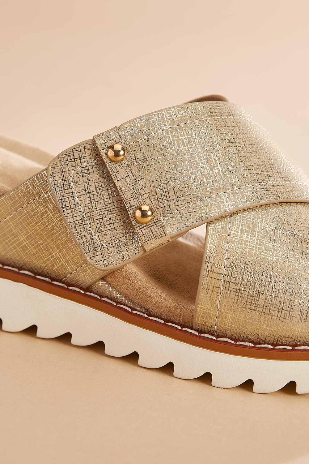 gold crisscross band wedge sandals Versona Shoes