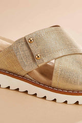 gold crisscross band wedge sandals Versona Shoes