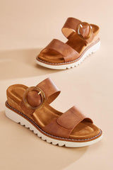 brown faux leather buckle wedge sandals Versona Shoes