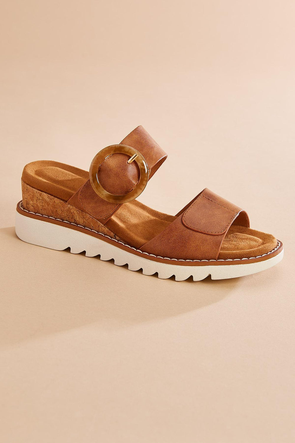 brown faux leather buckle wedge sandals Versona Shoes