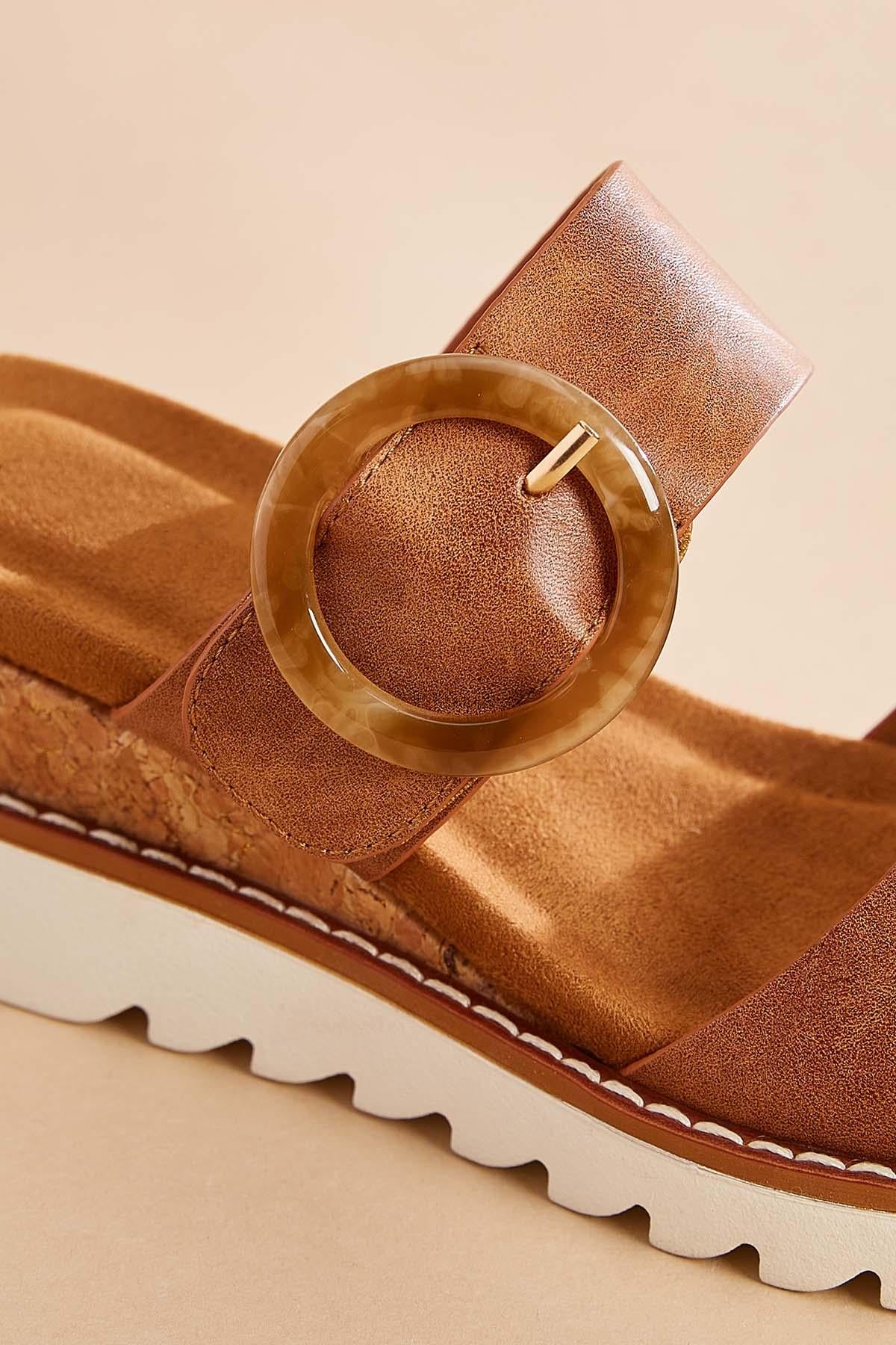 brown faux leather buckle wedge sandals Versona Shoes
