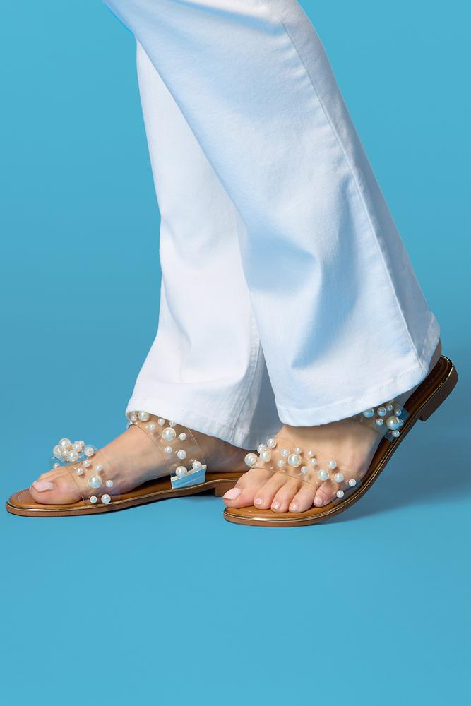 pearl embellished clear band sandals Versona Shoes|Sale
