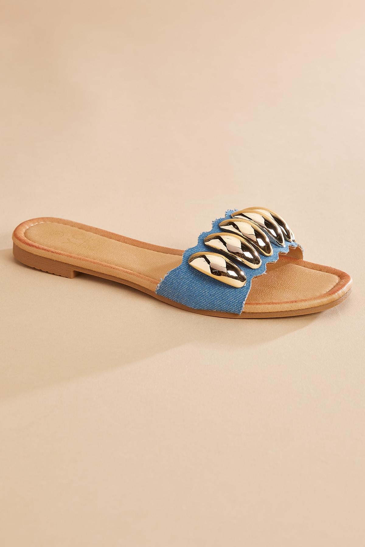 gold embellished denim band sandals Versona Sale
