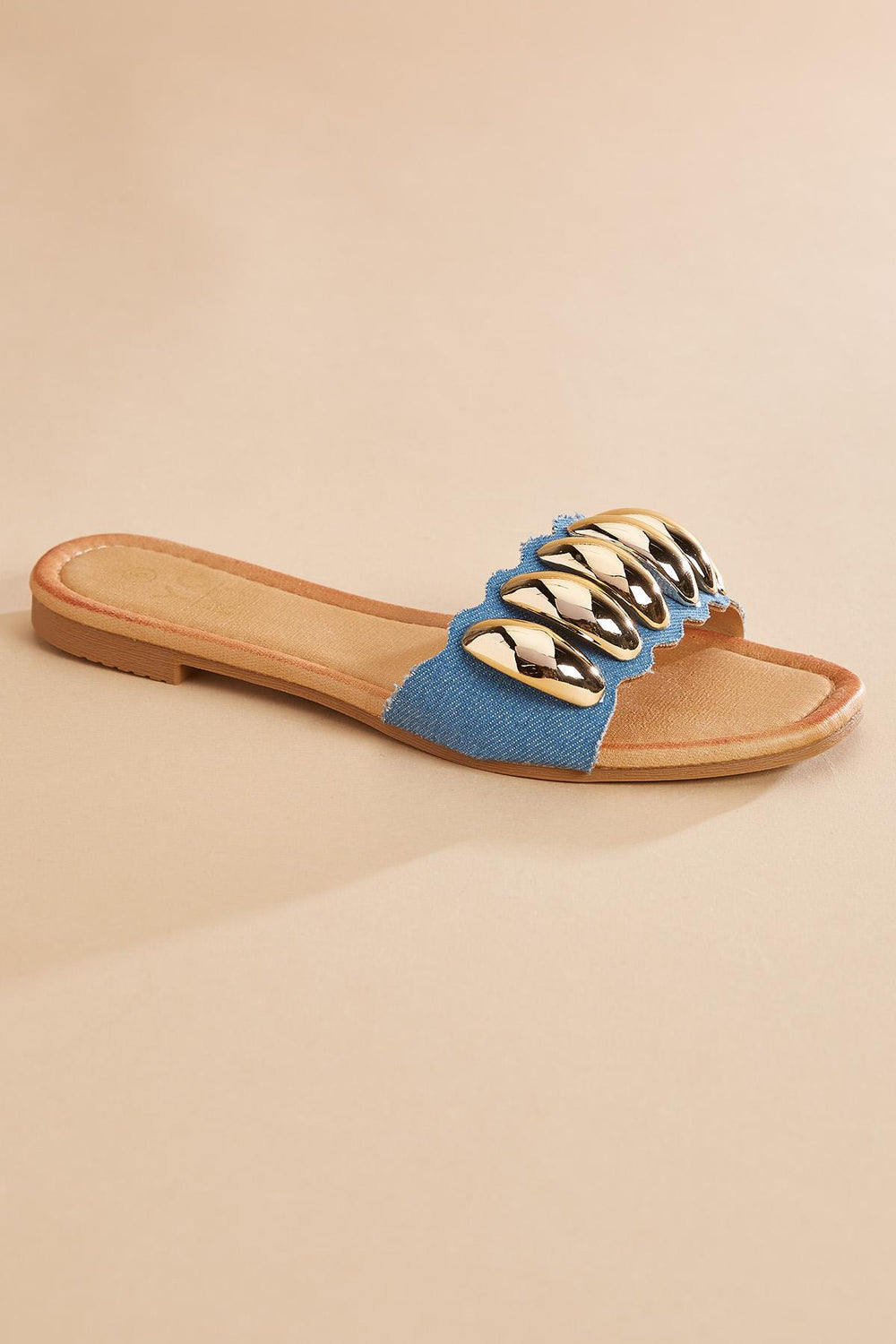 gold embellished denim band sandals Versona Sale