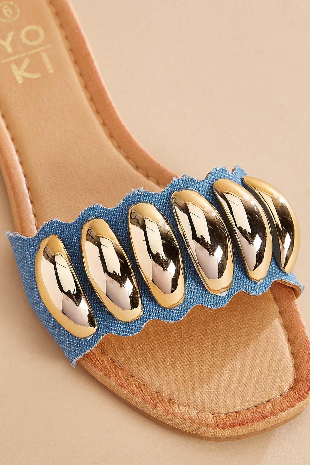 gold embellished denim band sandals Versona Sale