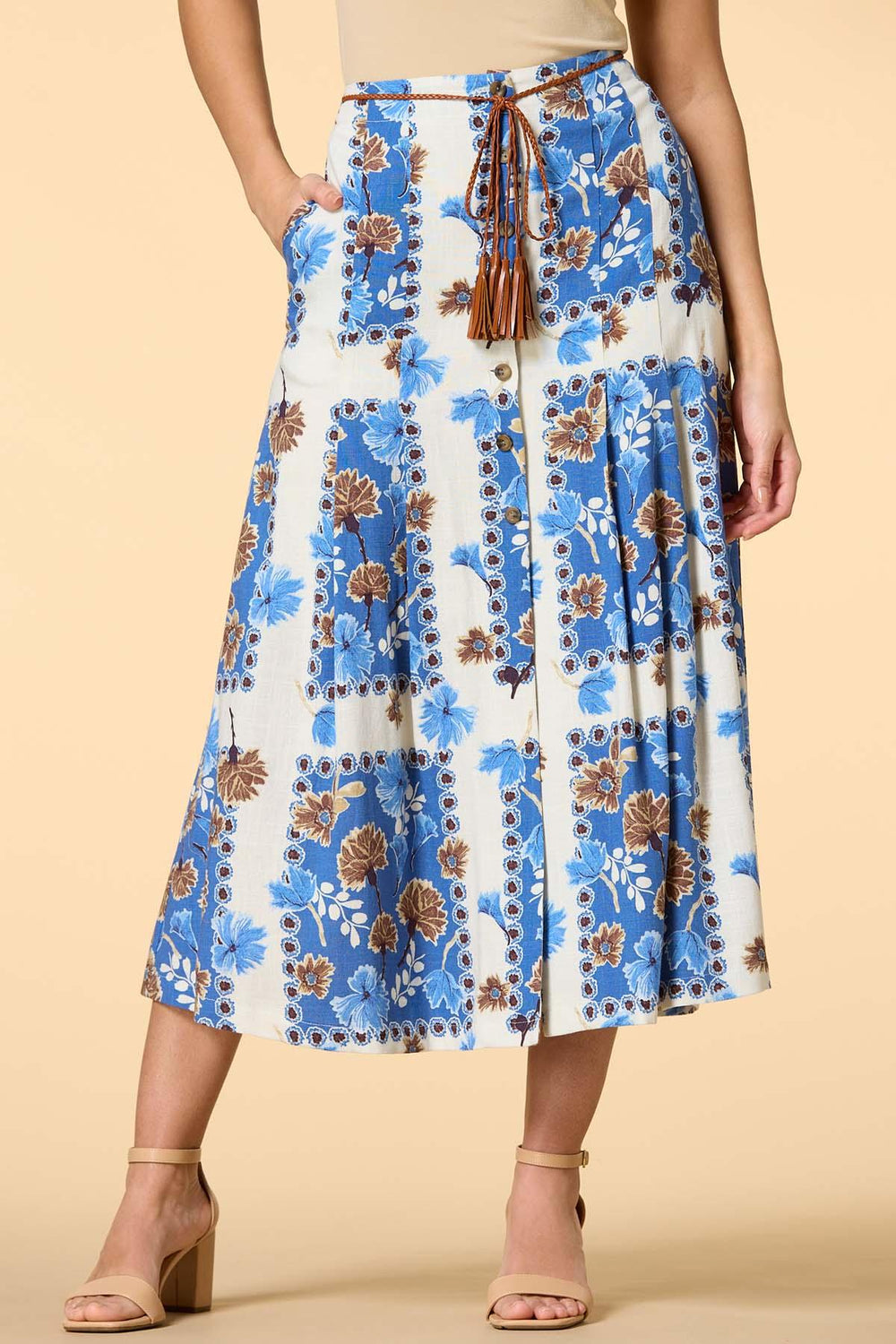 iris blooms belted midi skirt Versona Sale